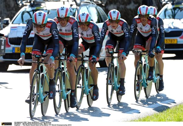 Jesse Sergent and Hayden Roulston at the front for Radioshack Leopard in the team time trial today.